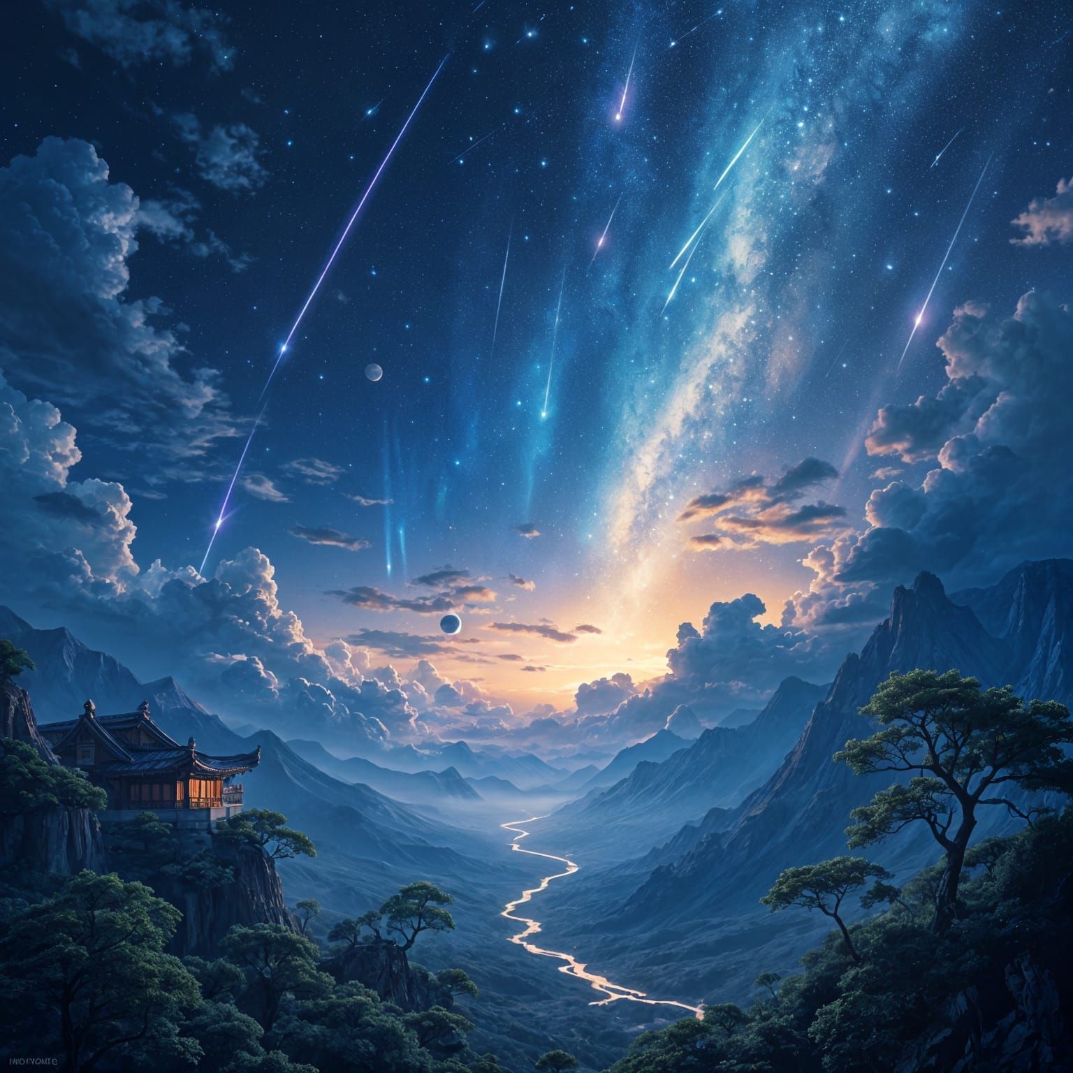 Celestial Wonders: Vibrant Meteor Shower with Planets and Dr...