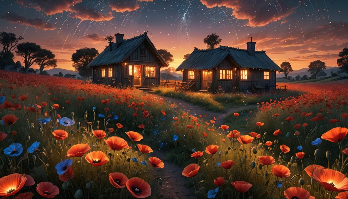 Mohnblumenwiesen bei Sonnenuntergang