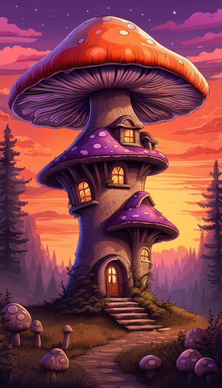 Mushroom House in Ancient Forest, Vintage Poster Art