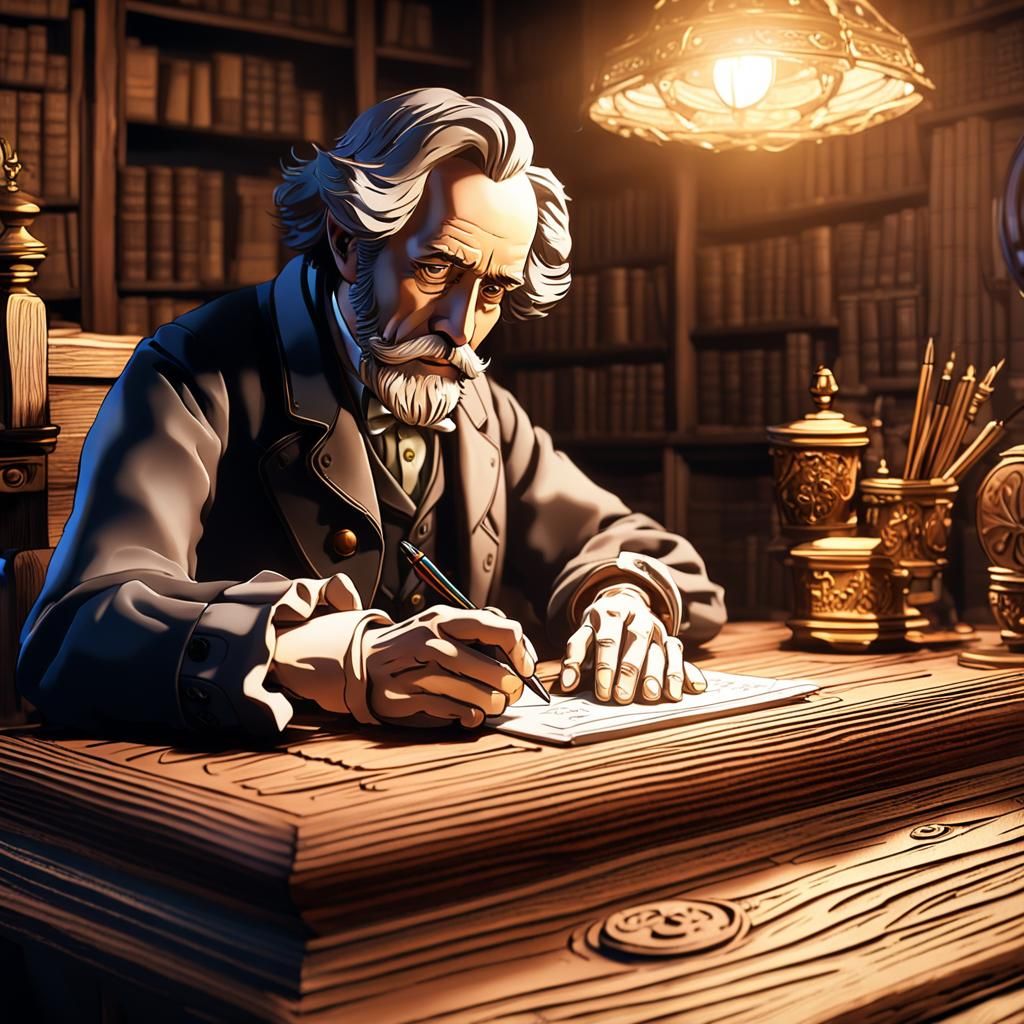 Dickens at Desk: 3D Anime Art in 8k