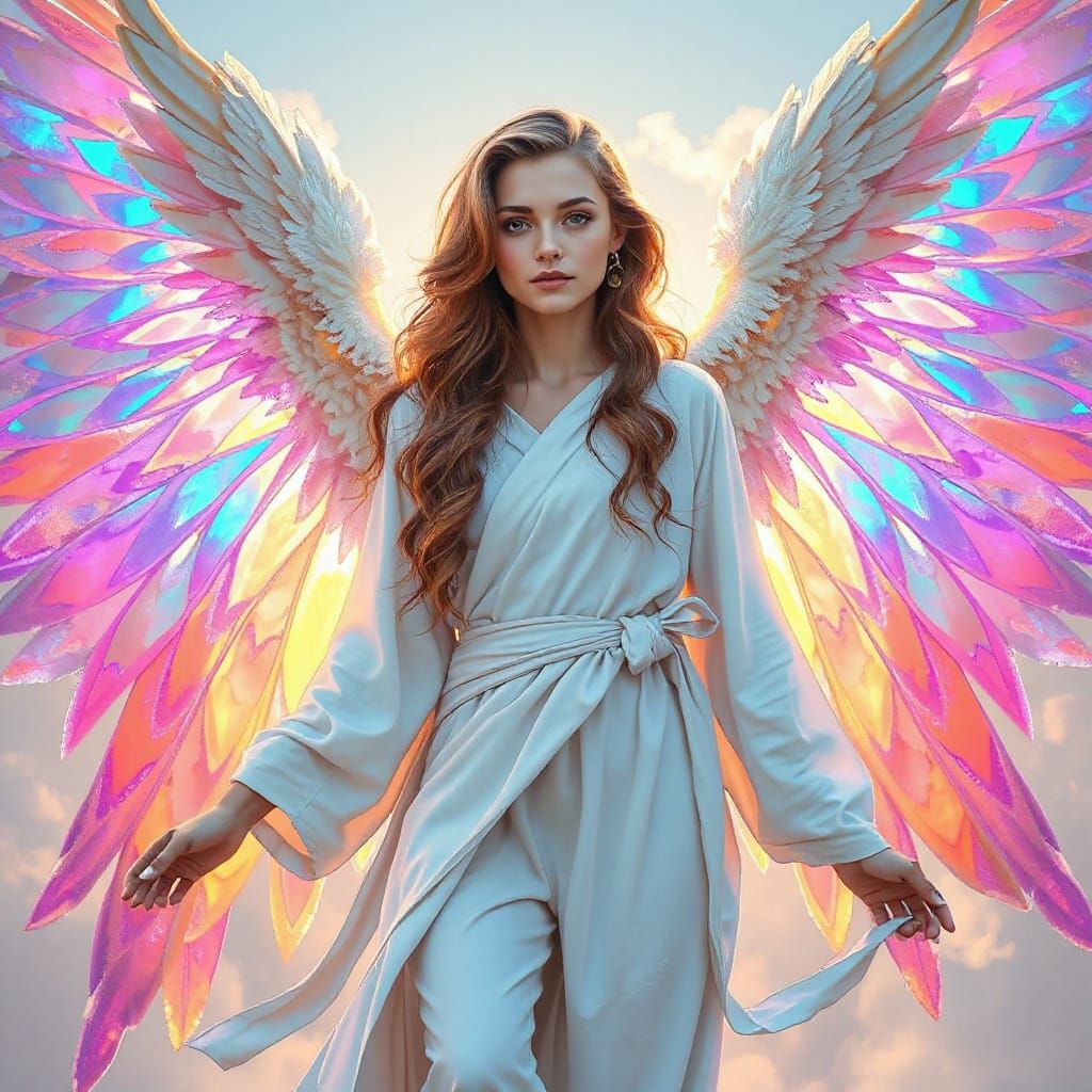 Angelic Figure with Rainbow Wings in Art Nouveau Style