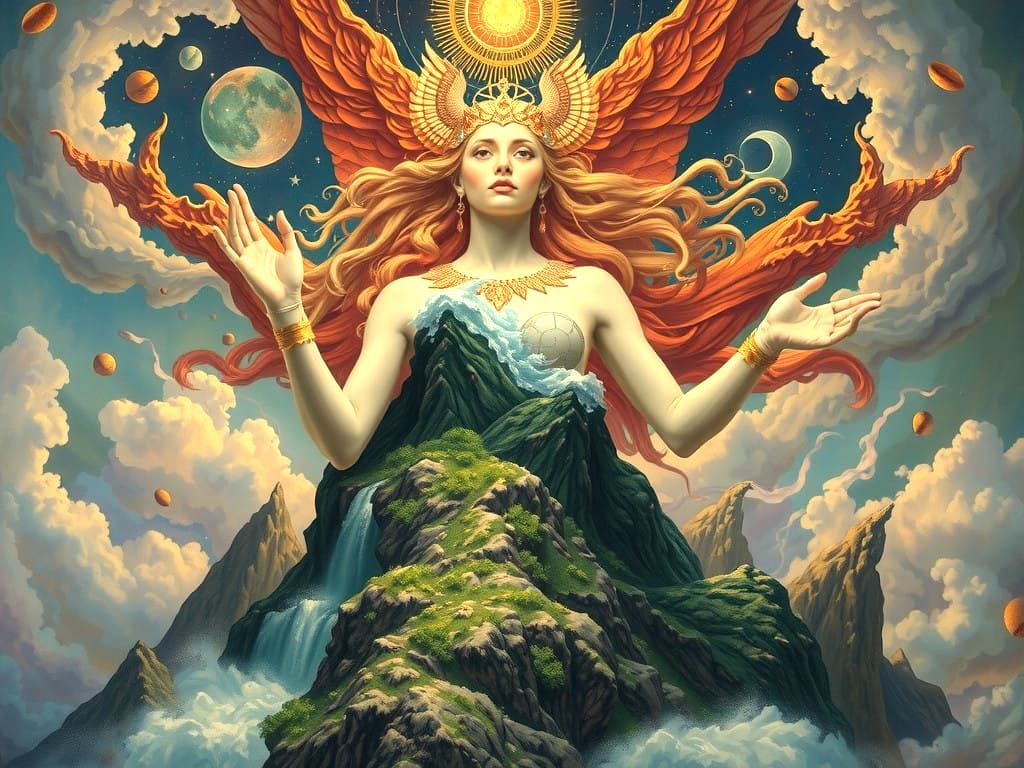 Majestic Earth Goddess Creates Towering Olympus in Vibrant,...