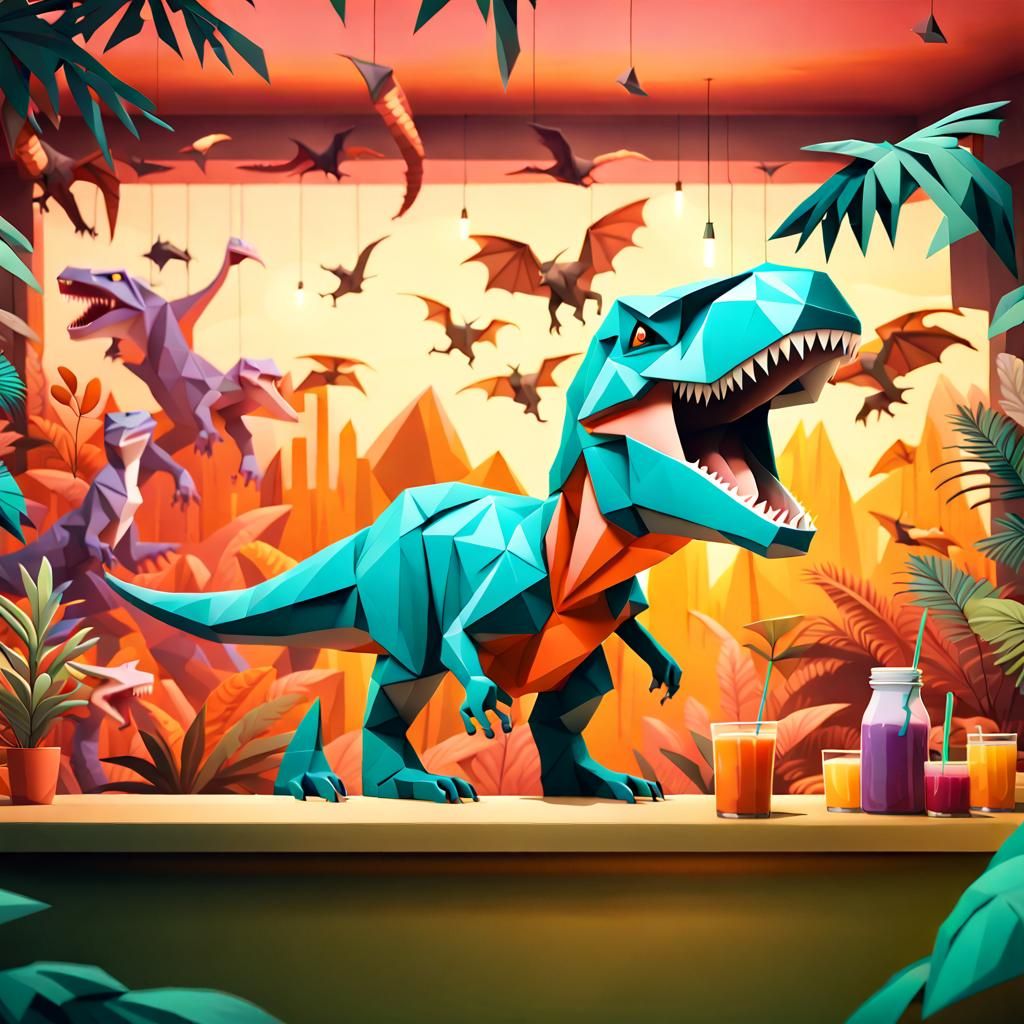 T rex roaring in a jungle juice bar