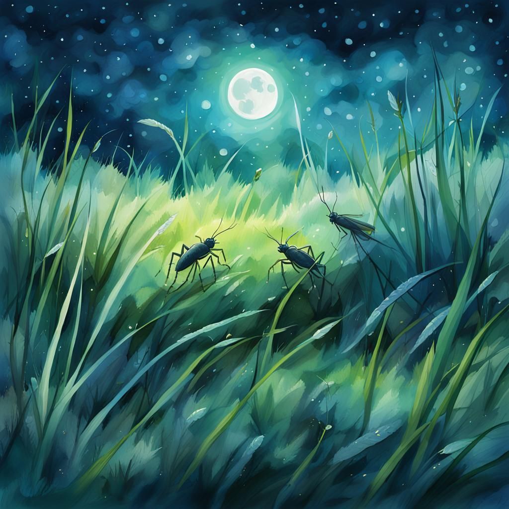Moonlit Crickets Chirping: Whimsical Watercolor Art