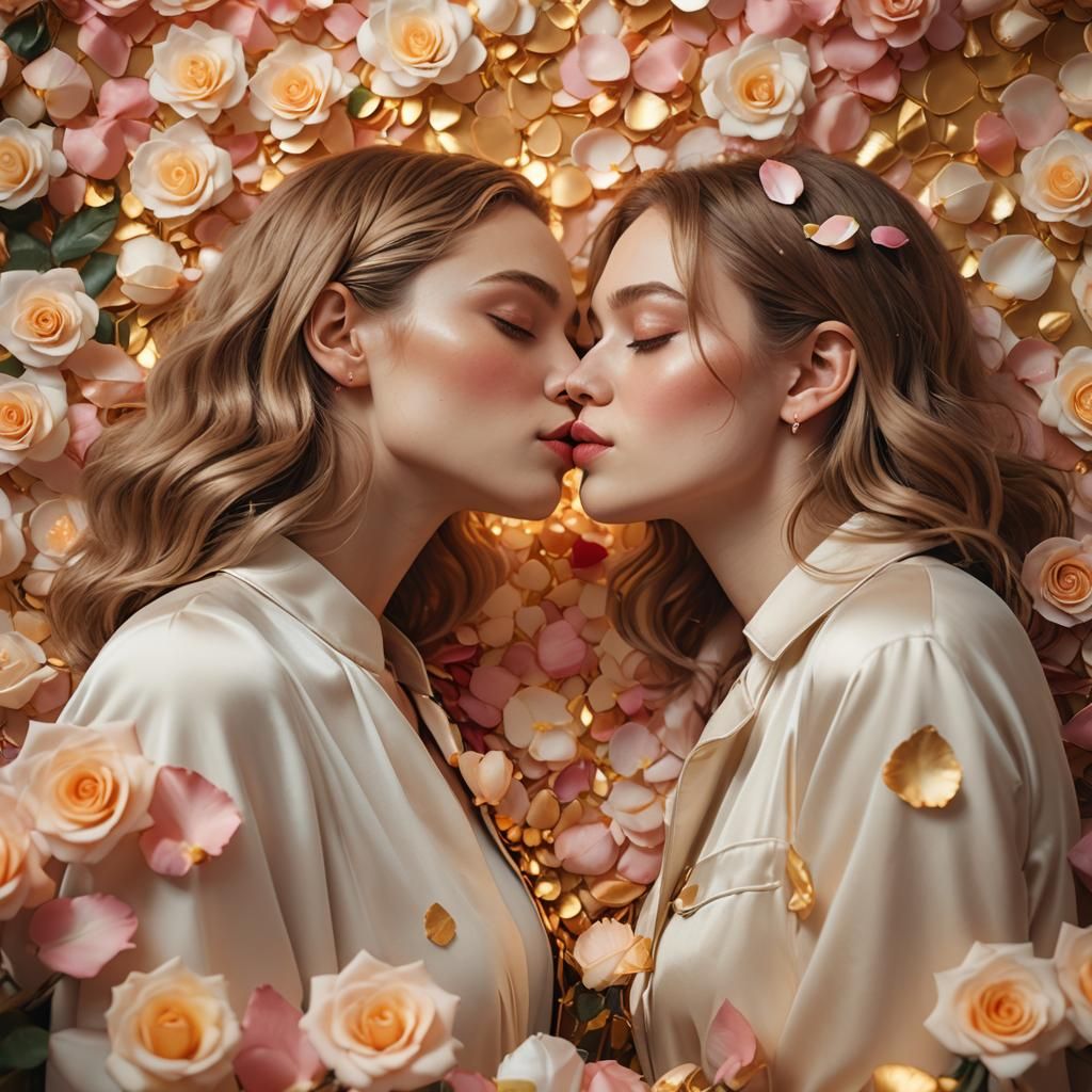 Two Women Kissing in a Rose Petal Room