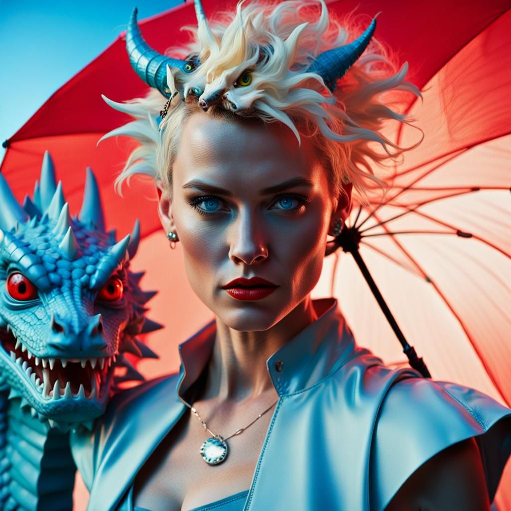Edgy Beauty: Woman with Dragon in Dreamlike Photo