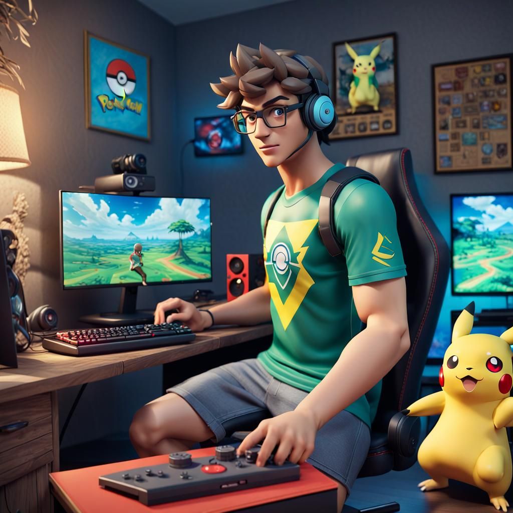Gamer in Retro Room with Brazilian Flag, 3D Render