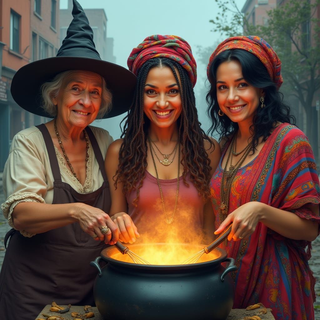 Three Magical Women Cooking in Urban Wasteland