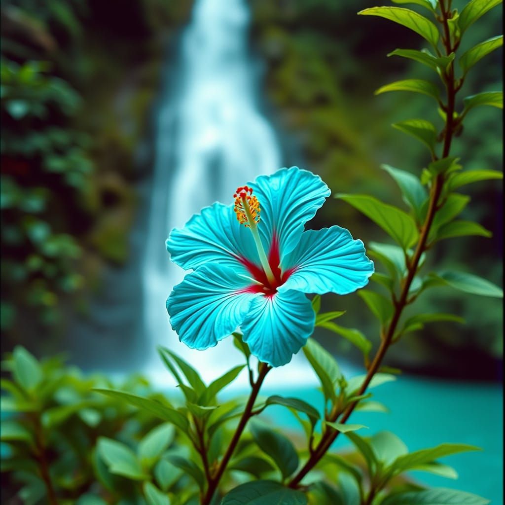 Turquoise Hibiscus in Inverted Jungle with Waterfall
