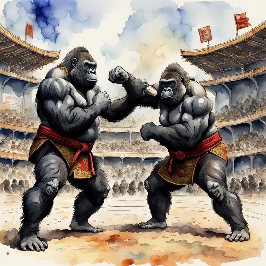 Gorilla Sumo Wrestlers in Watercolor Arena