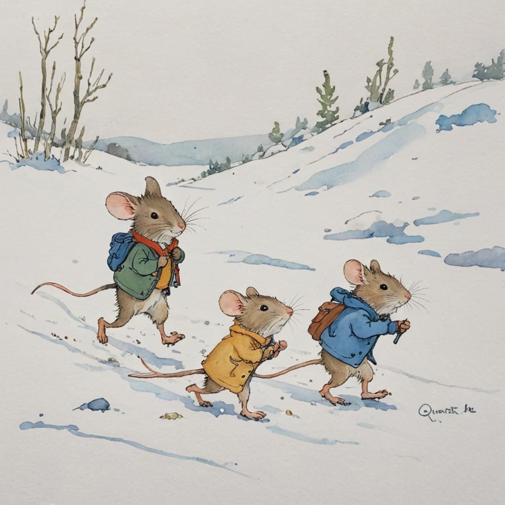 Mice Hiking in Snow, Children's Book Illustration