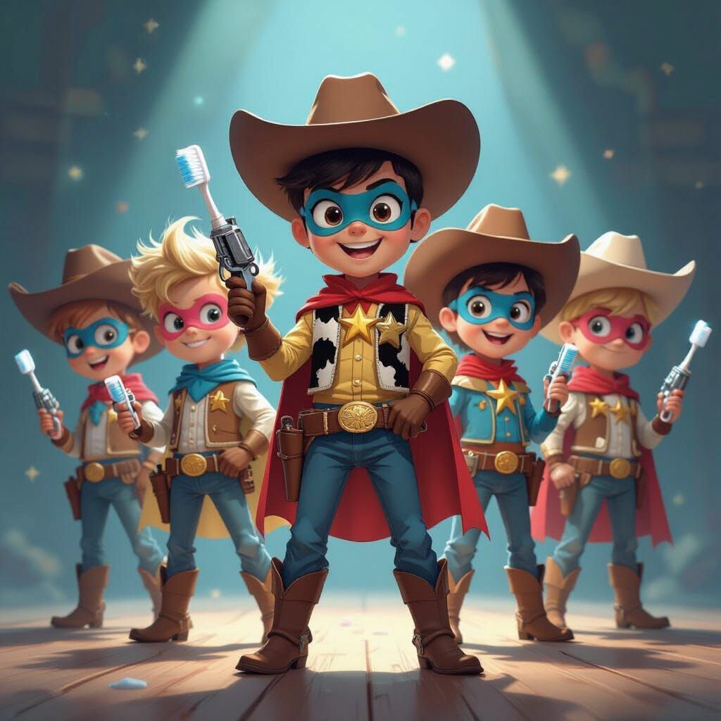 Child Superheroes and Cowboys with Revolver Toothbrushes