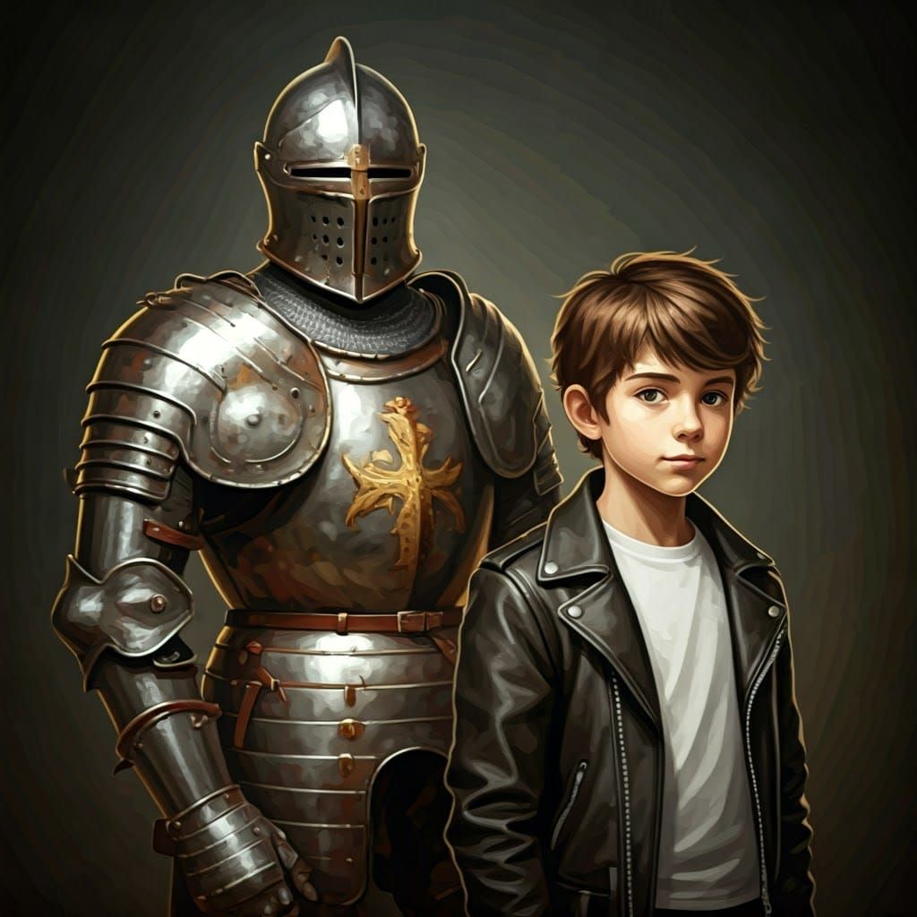 Knight with armor and a Boy with T-shirt and leather jacket....