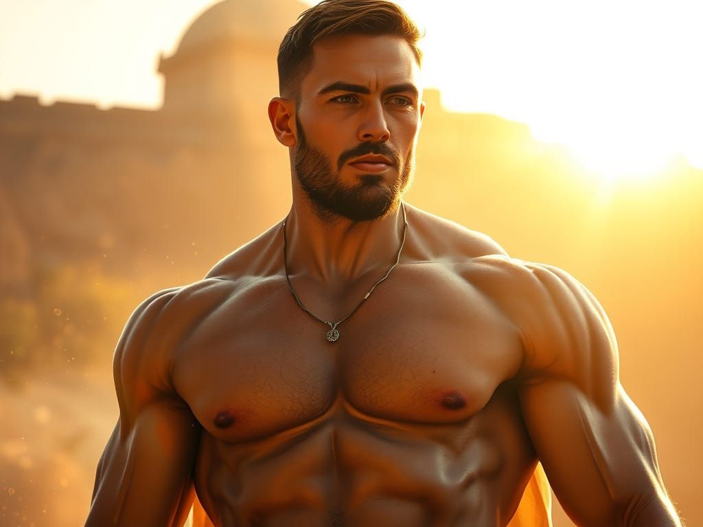 Golden Ratio Handsome Man in Warm Hyperrealistic Light