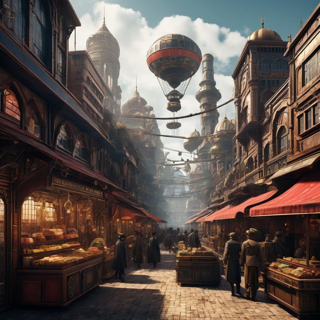 Sky-Bound Arabic Steampunk Market with Victorian Flair