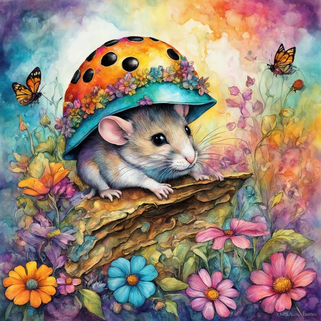 Mouse in Ladybug Hat, Watercolor and Impasto Art