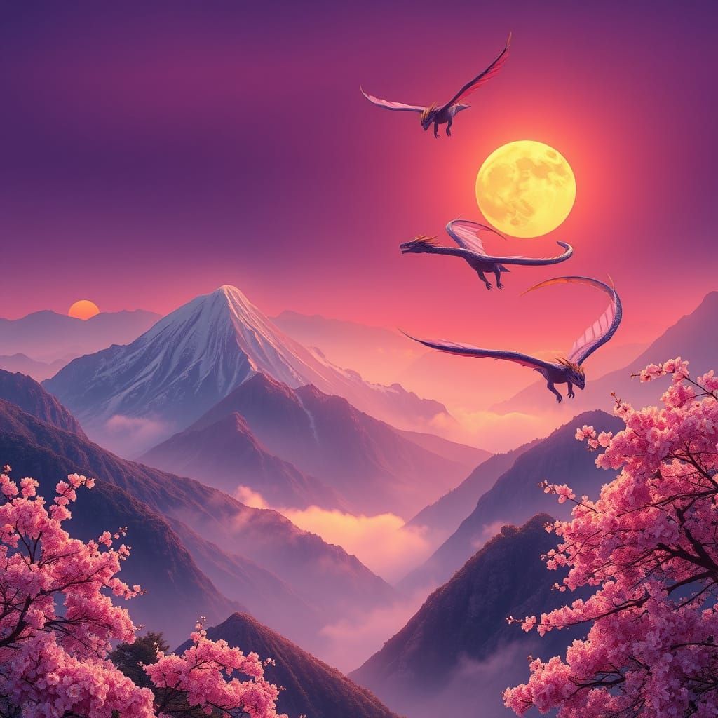 Sakura Mountains Under Golden Suns and Purple Moon