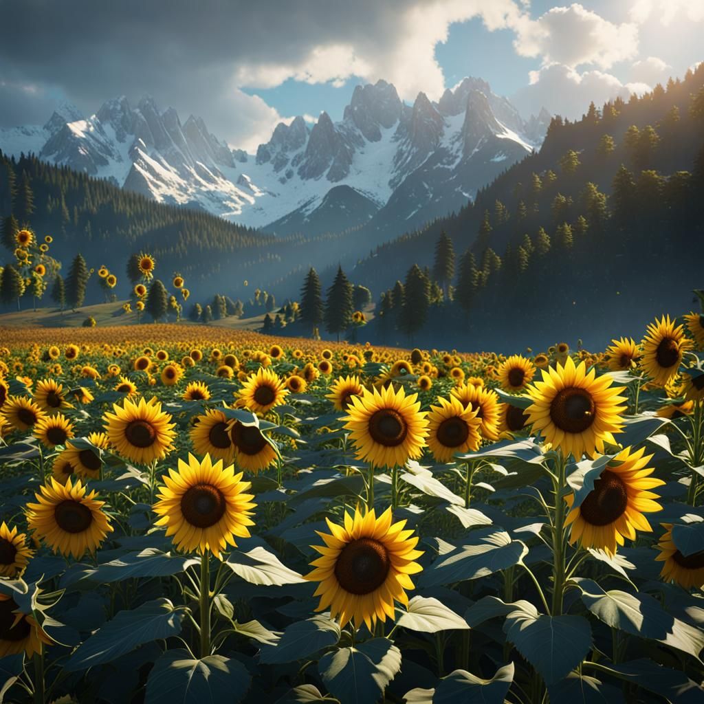Bright Sunflowers in Rainy Mountain Landscape