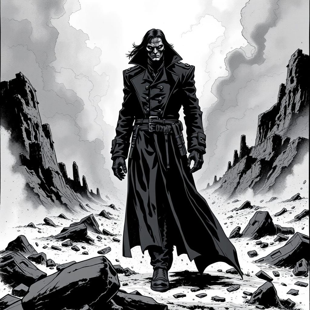 Dark Alucard Navigates Ash-Filled Hellish Landscape in Black...