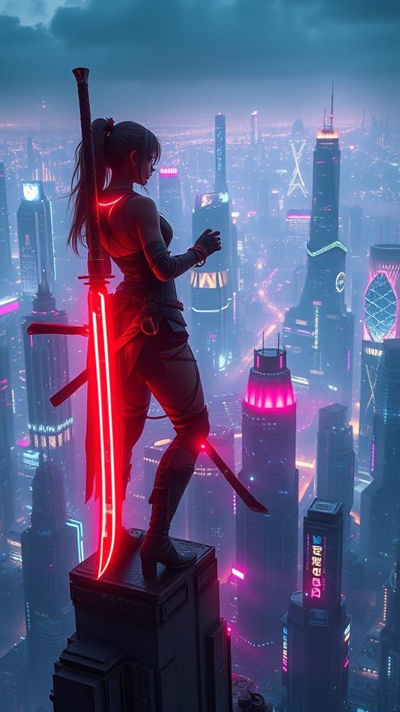 Cyberpunk Warrior with Glowing Katana