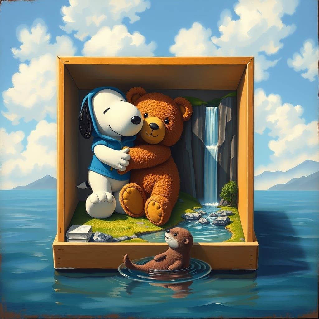 Surrealistic Oil Painting of Whimsical Shoe Box Diorama