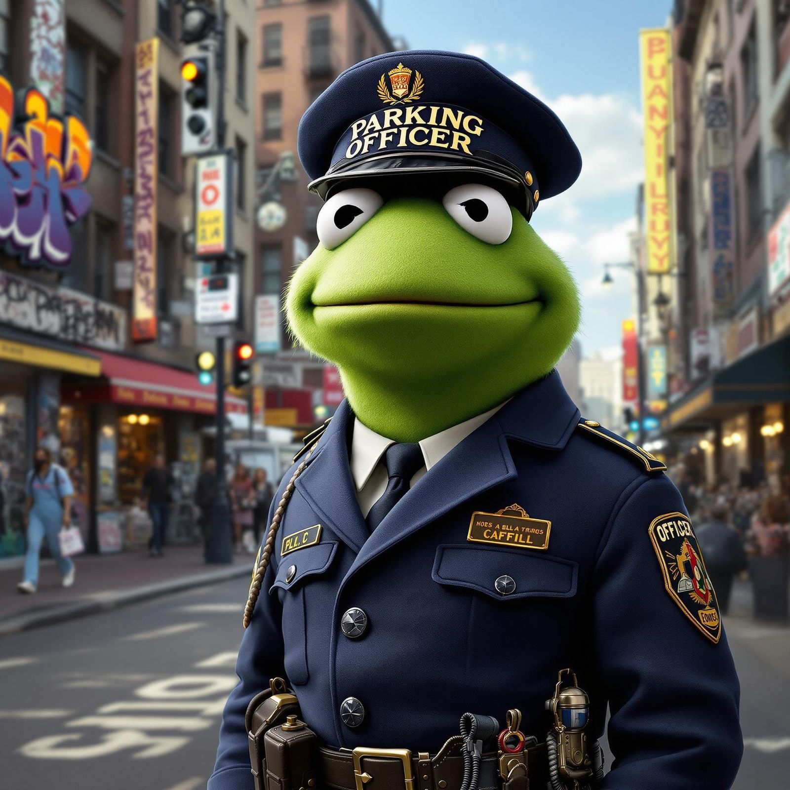 Parking Officer Kermit in Urban Streetscape
