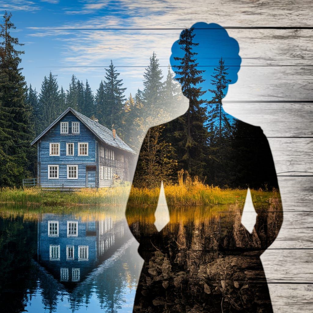 Ukrainian Woman and Lakeside House: Double Exposure Art