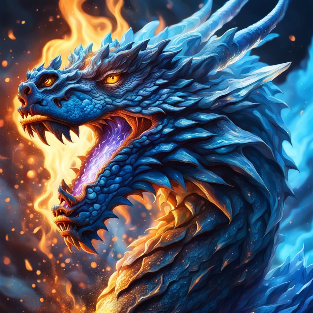 Crystal Dragon Breathing Blue Flames in Hyperrealism