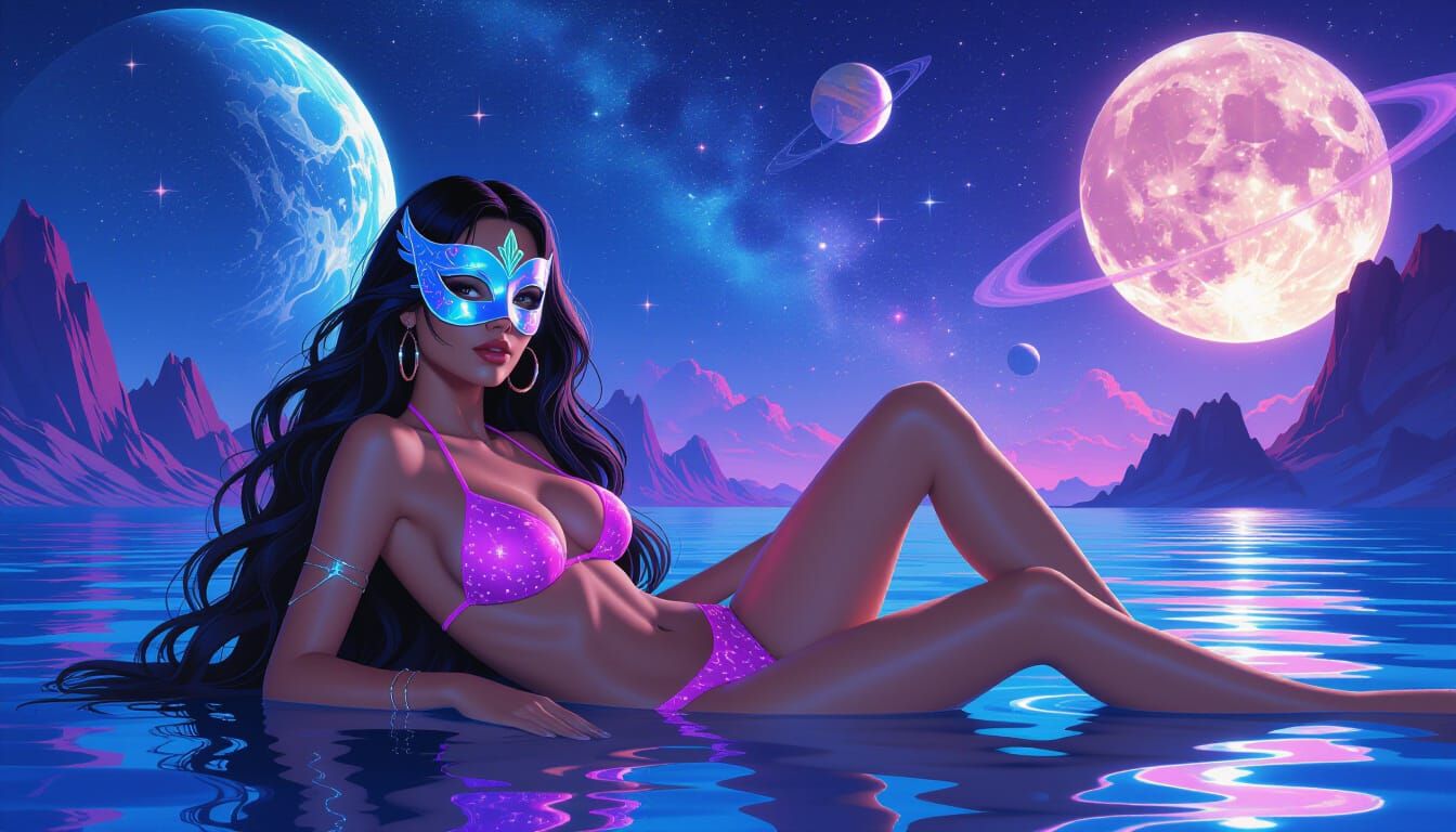 Cosmic Beauty in Neon Bikini, Hyperrealistic Digital Art