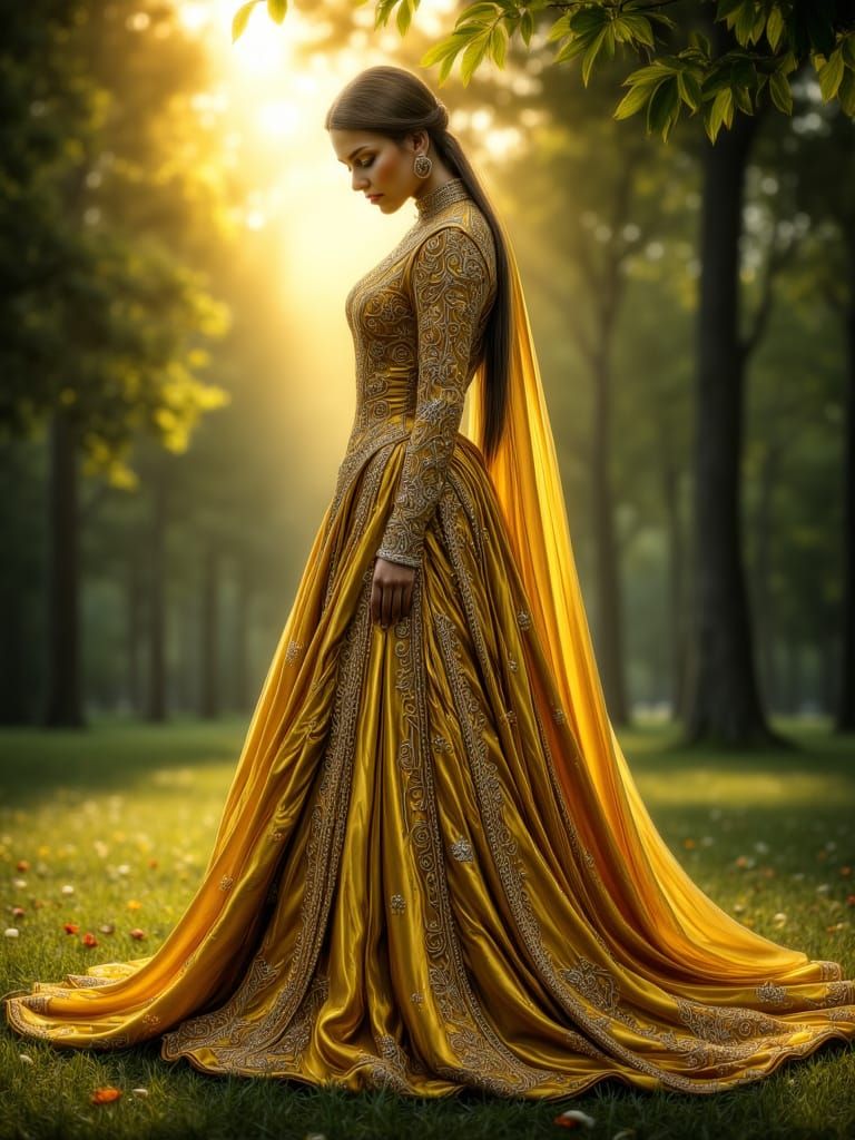 Tsarina Evdokija in Golden Attire Amidst Park