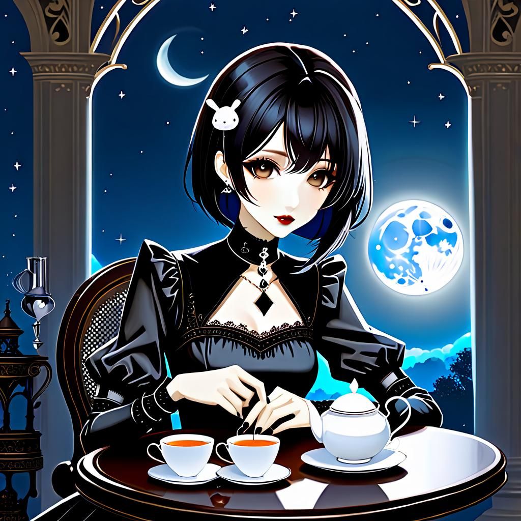 Anime Gothic Thai Girl Having Tea Time