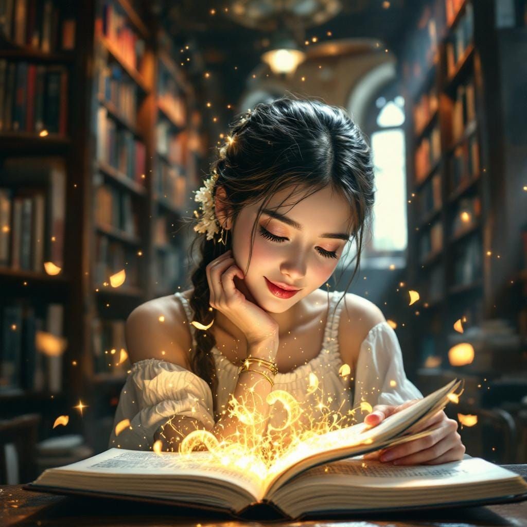 Magical Bookworm Discovery in Library, Gouache Watercolor St...