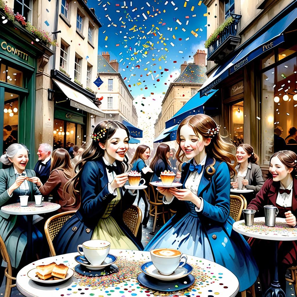 Confetti Rain: Watercolour Celebration in Street Cafe