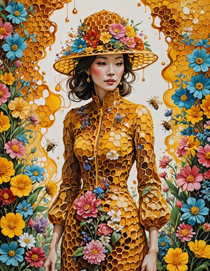Honeycomb Lady in Surreal Psychedelic Art