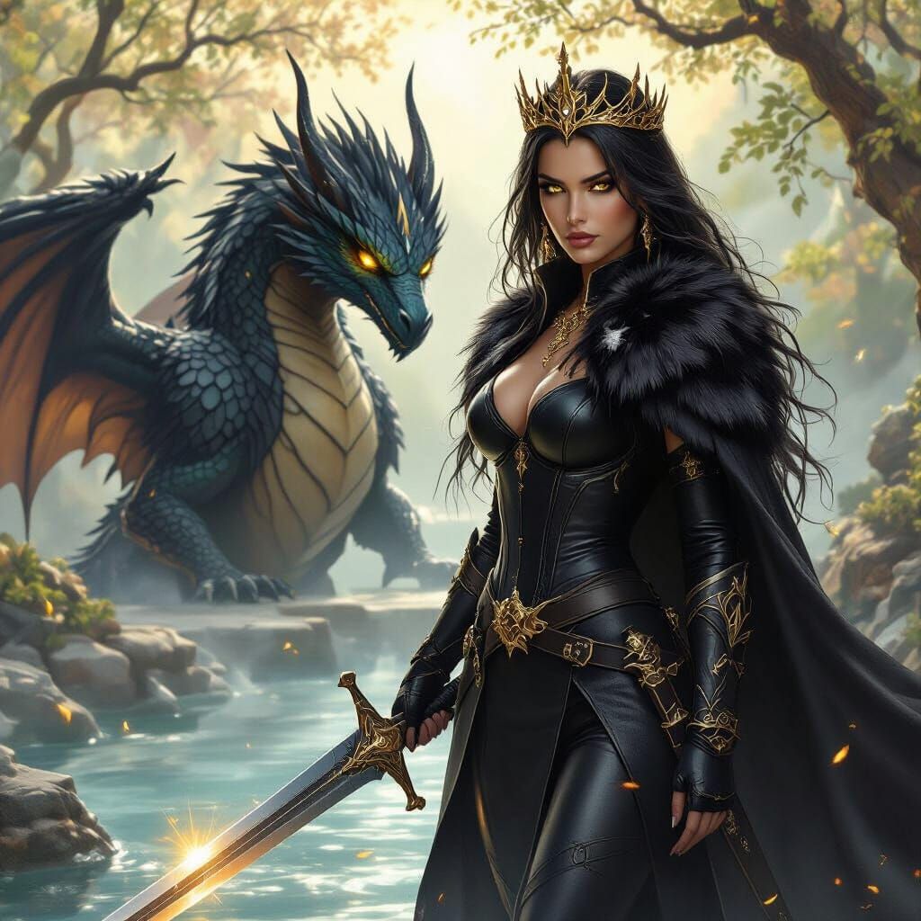 Warrior Woman and Dragon Beast in Ethereal Fantasy Landscape