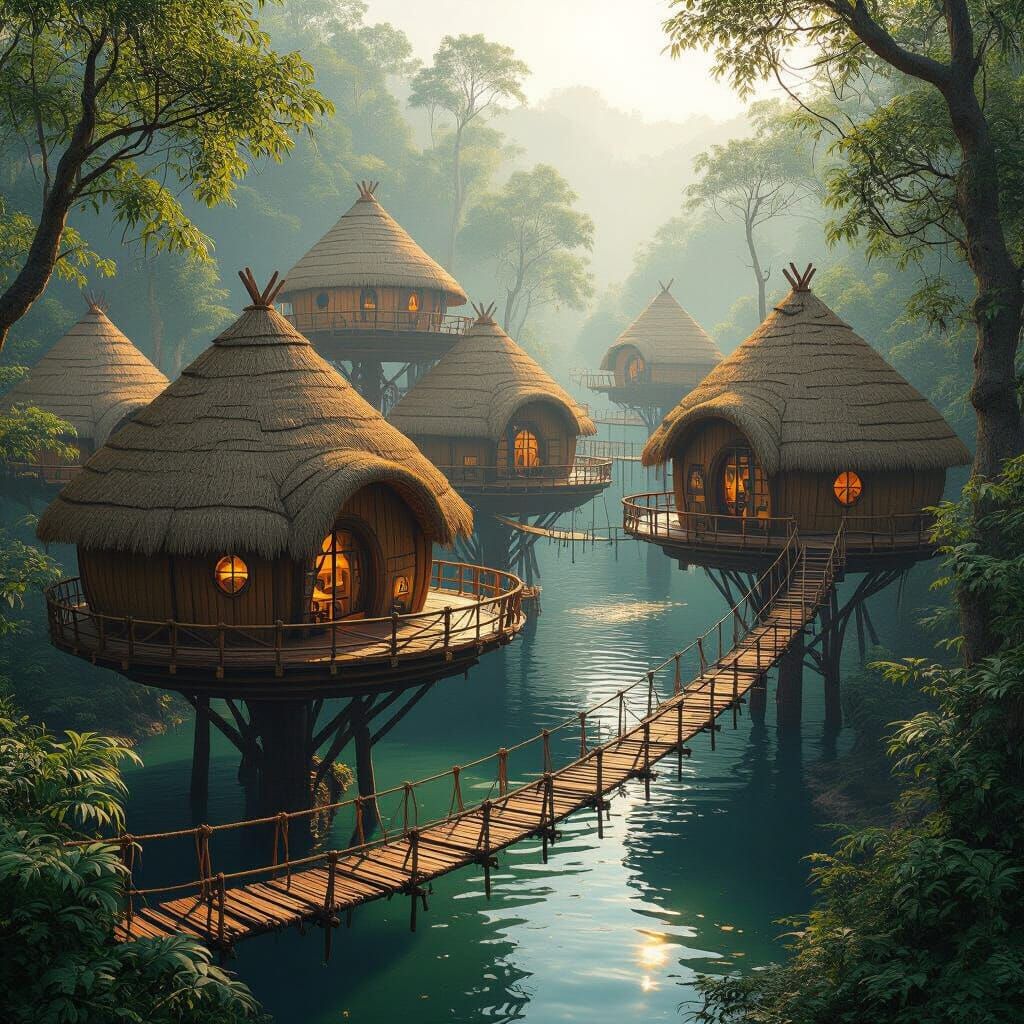 Floating Village in Photorealistic Style