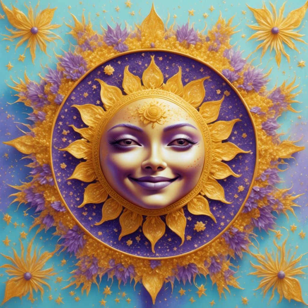 Golden Sun Face with Zentangle Rays