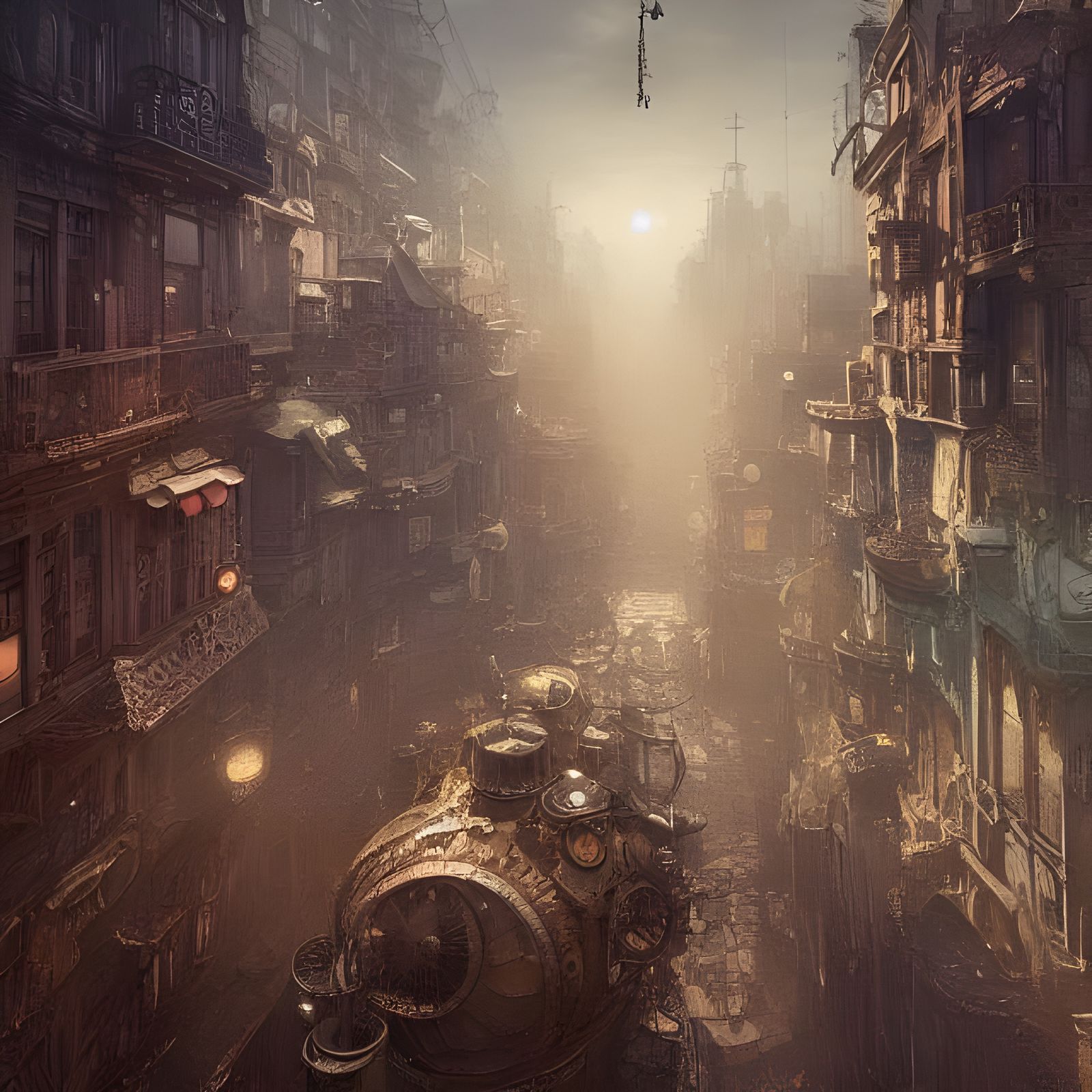 Elaborate Steampunk City Illustration with Sun Rays