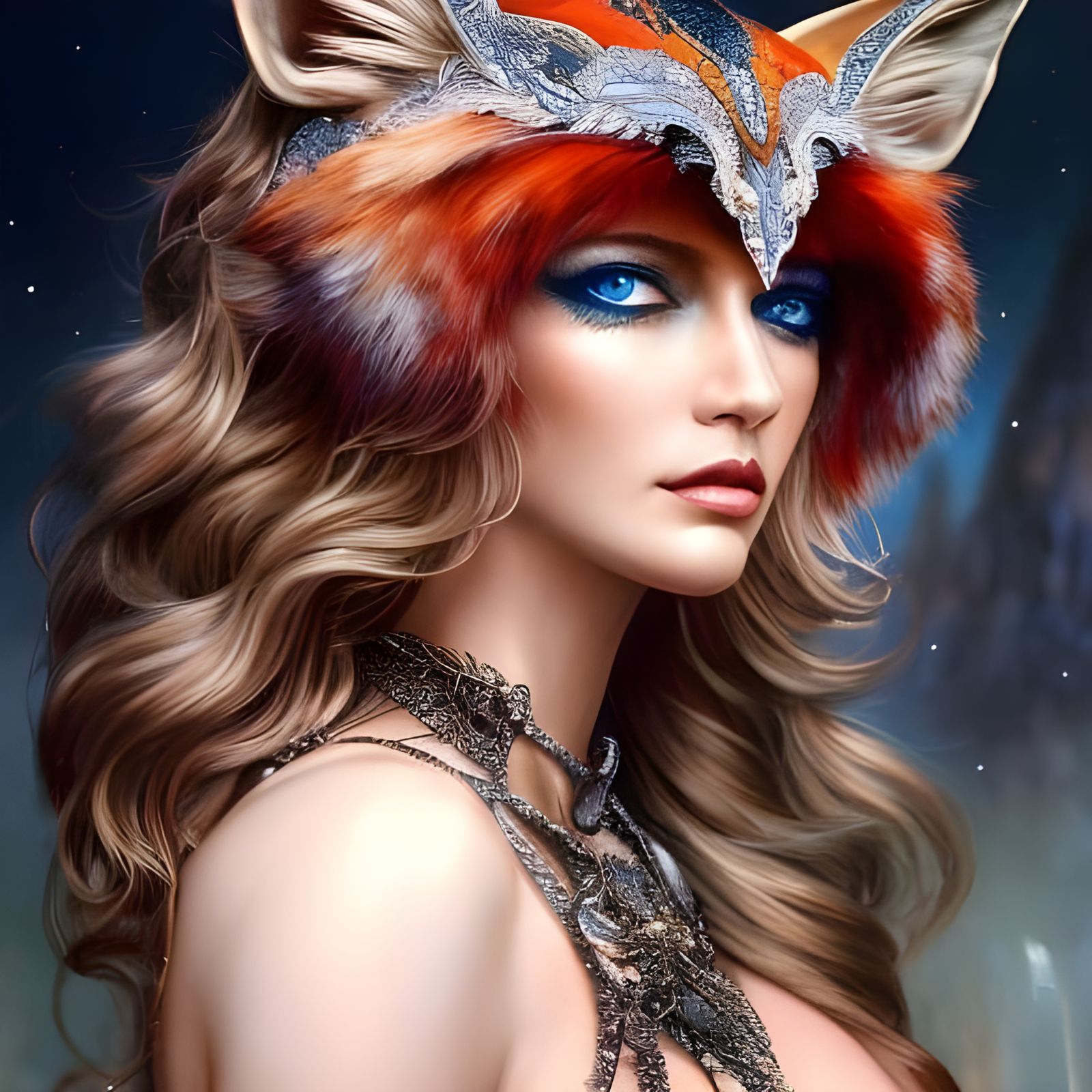 Gorgeous Fox Woman Portrait in Art Nouveau Style