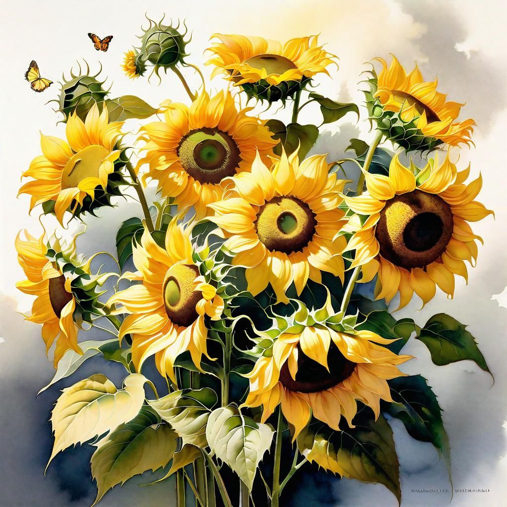 Botanical Sunflower Bouquet in Art Deco Watercolor