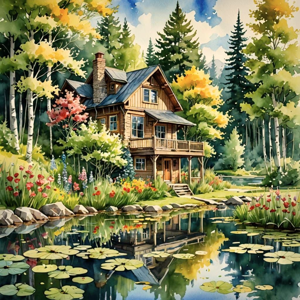 Watercolor Cottage Scene with Pond and Flowers