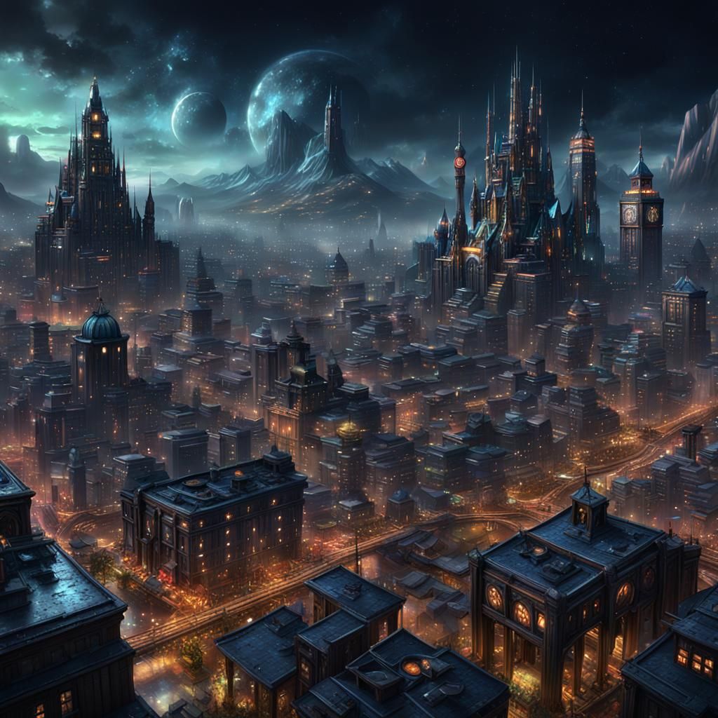 Fantastical Nighttime Cityscape in Detailed Matte Painting