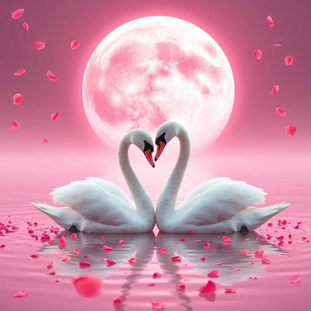 Swans' Heart Under Pink Moon: Fantasy Scene