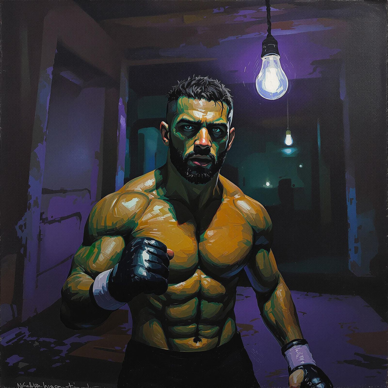 Fighter in Derelict Gym as Impasto Oil Painting