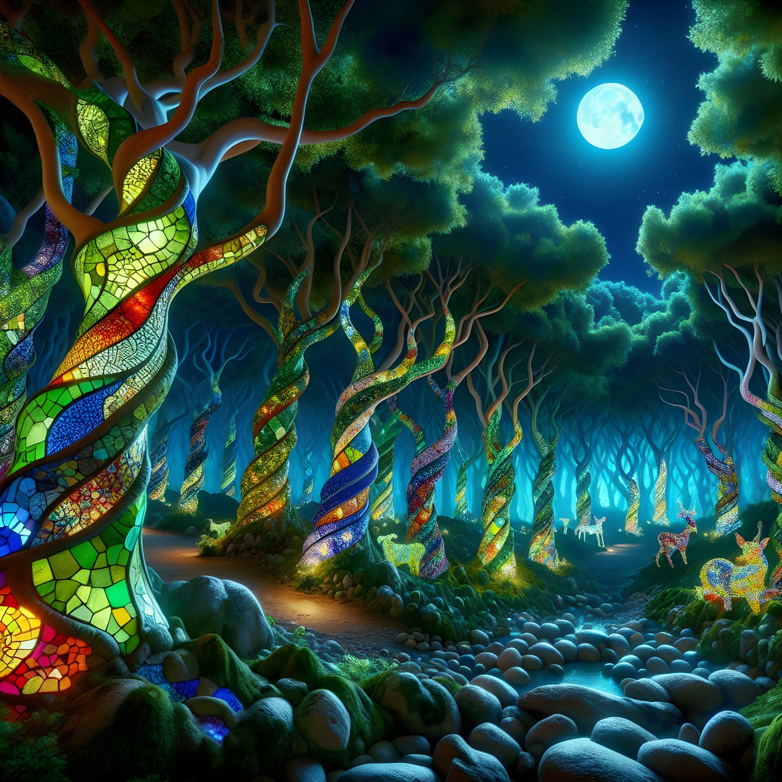 Gaudí-Inspired Whimsical Forest Under a Glowing Full Moon