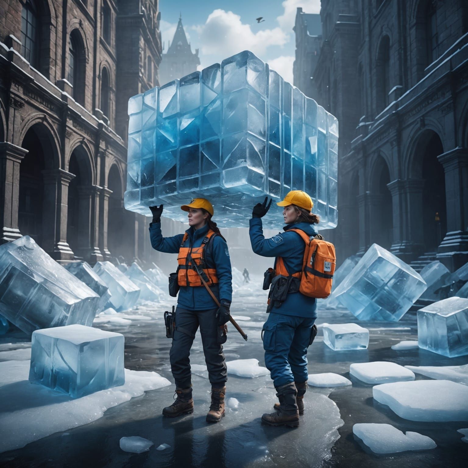 Ice Delivery Women with Parrots, Matte Painting