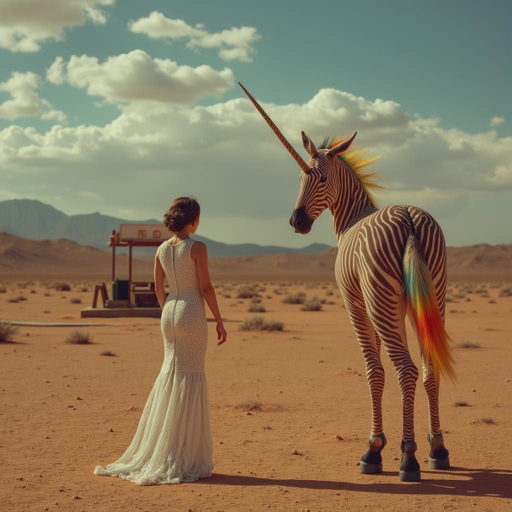 Woman and Rainbow Zebra Unicorn in Desert Landscape