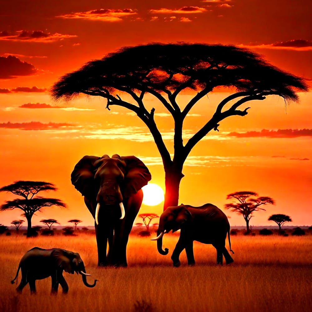 Elephant Family at Sunset in African Savanna