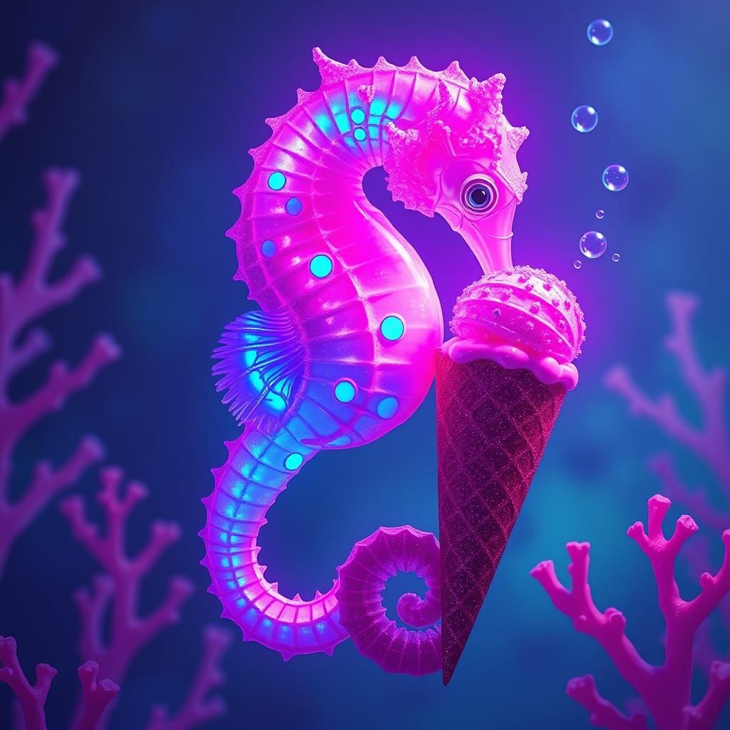Iridescent Seahorse Savoring Fluorescent Ice Cream