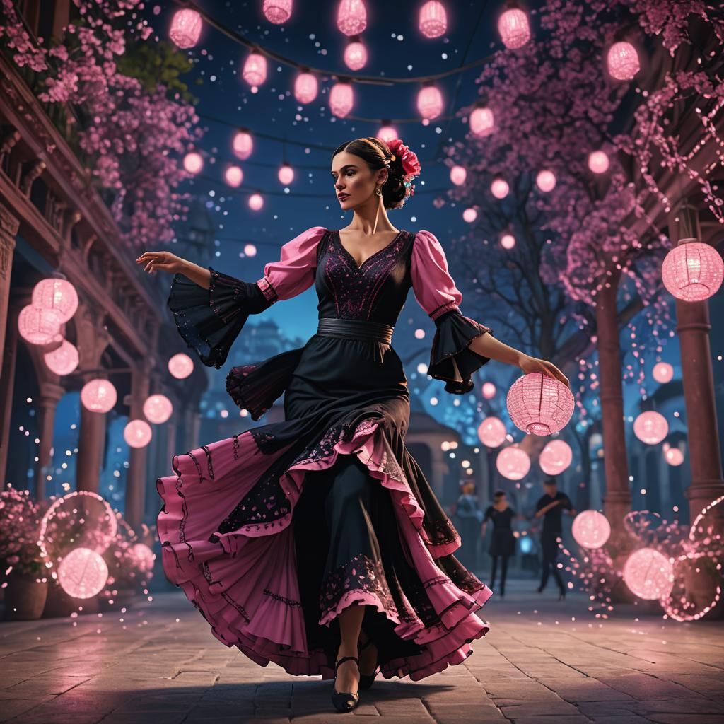 Flamenco Dancer in Pink and Black, Detailed Matte Painting